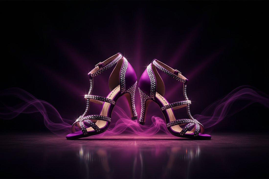 Best Latin dance heels for beginners — rhinestone satin Latin heels with dramatic purple lighting, Stage Wear Shop