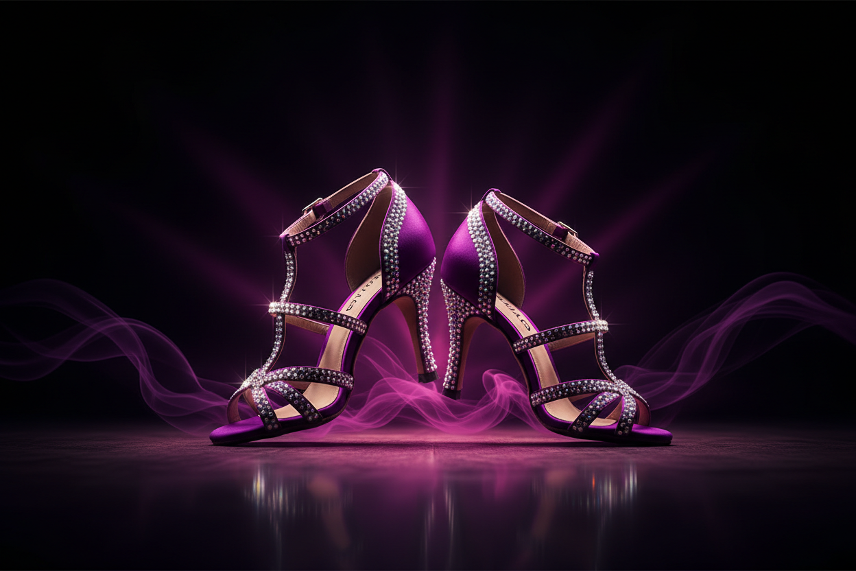 Best Latin dance heels for beginners — rhinestone satin Latin heels with dramatic purple lighting, Stage Wear Shop
