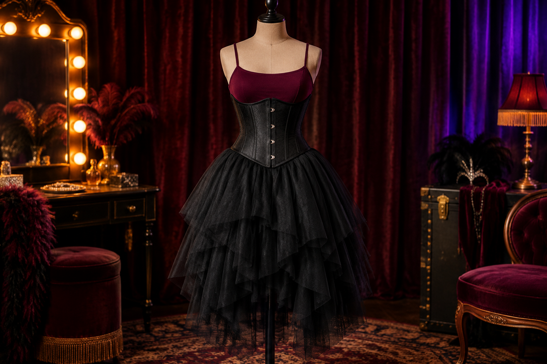 Editorial burlesque outfit with a black underbust corset, burgundy camisole and layered black tulle skirt on a dress form