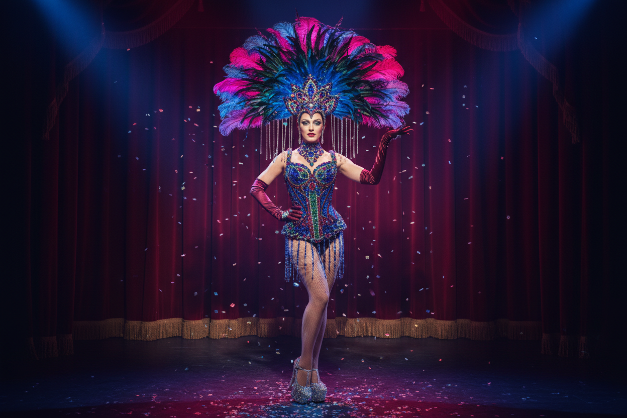 Burlesque costume guide — rhinestone bodysuits, corsets, fringe dresses, platform heels, and headpieces for performances, showcases, and competitions