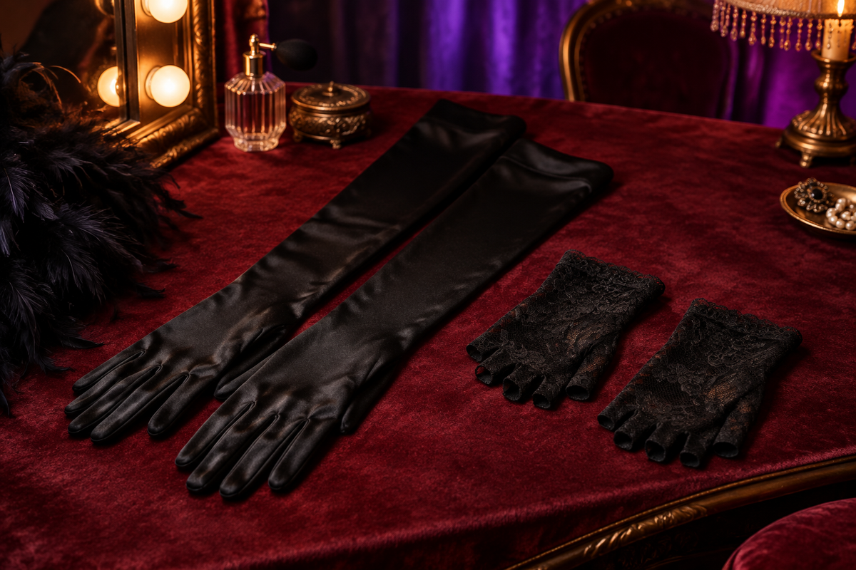 Long black satin opera gloves beside short black fingerless lace gloves on a burgundy velvet cabaret dressing table