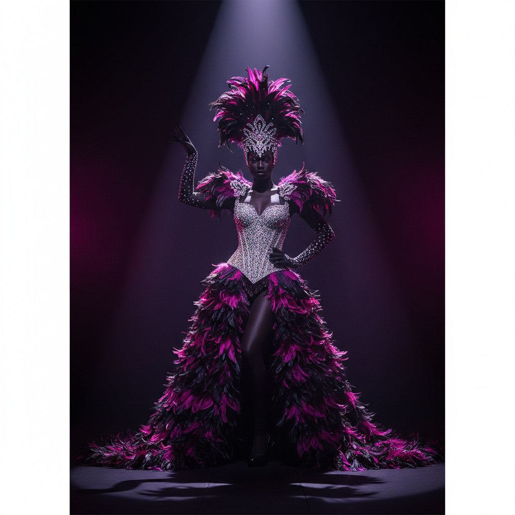 Burlesque costume guide hero image — rhinestone corset, feathered headdress, and long gloves under dramatic stage lighting
