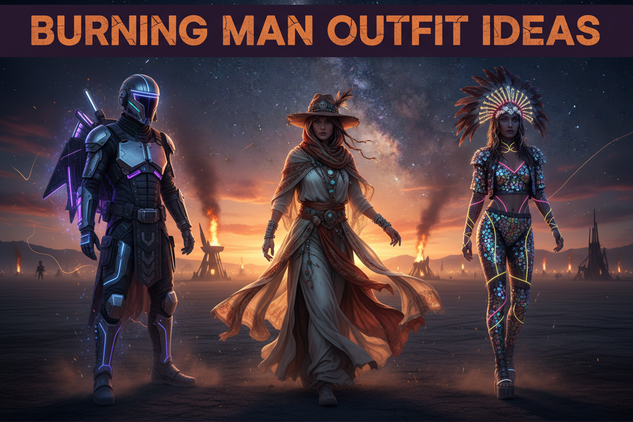 Burning Man outfit ideas — sequin bodysuits, metallic jumpsuits and rhinestone looks for the playa