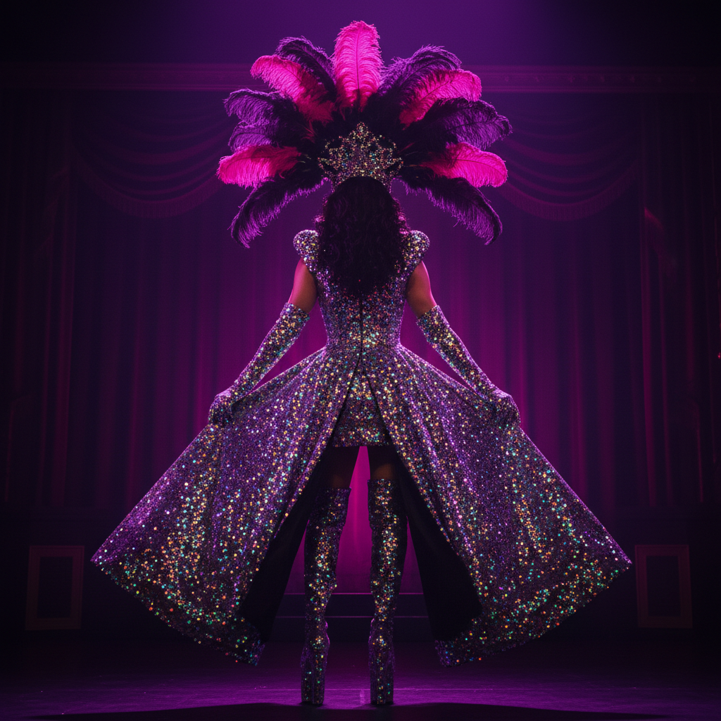 Drag queen basics guide hero image — full sequin ball gown with feathered headdress and platform heels under purple and magenta stage lighting