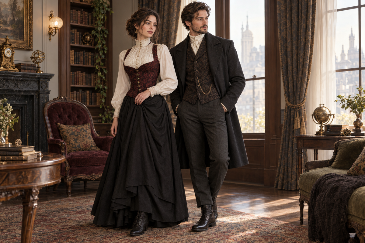 Woman in a burgundy bodice and long dark skirt beside a man in a brocade waistcoat, watch chain, and dark long coat in a Victorian-style salon.