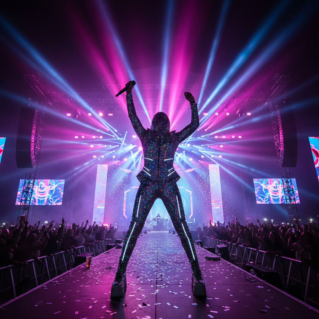Festival performer hub guide hero image — holographic sequin bodysuit with LED accessories and platform boots under purple and blue stage lighting