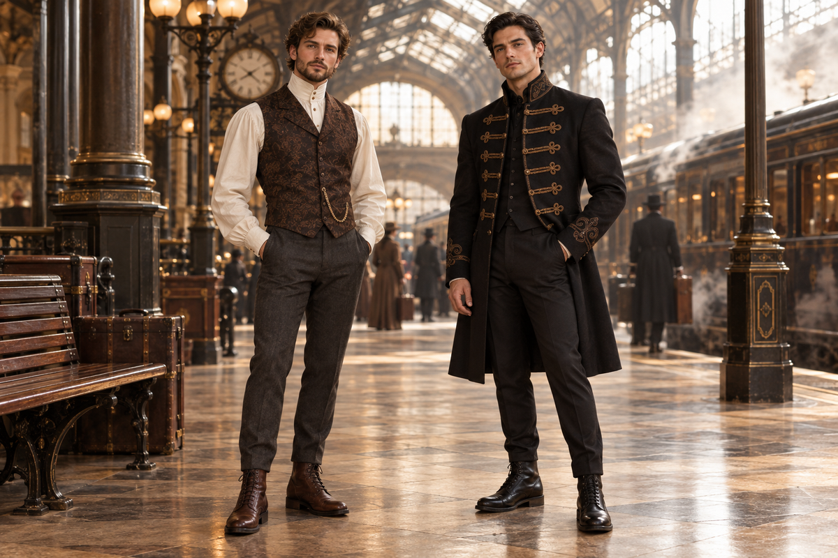 Two men in steampunk outfits: one in a brown waistcoat with a watch chain, the other in a black frock coat with bronze-tone braiding.