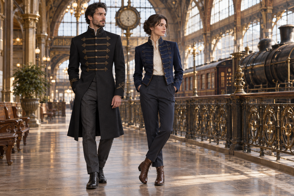 Military-inspired steampunk outfits with a black braided frock coat and a navy structured jacket, paired with tailored trousers and boots.