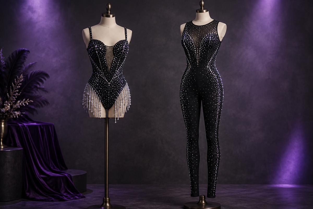 Editorial comparison of a black rhinestone fringe bodysuit and full-length rhinestone unitard on dress forms under purple lighting