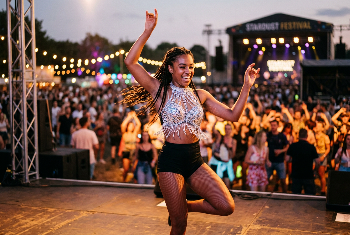 Dancer in a sparkling rhinestone dance top performing on an outdoor festival stage at dusk