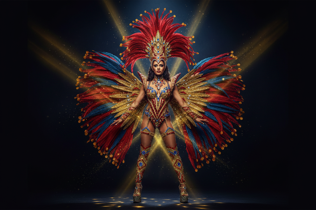 Samba dancer in rhinestone carnival costume with feather headdress and backpiece on stage