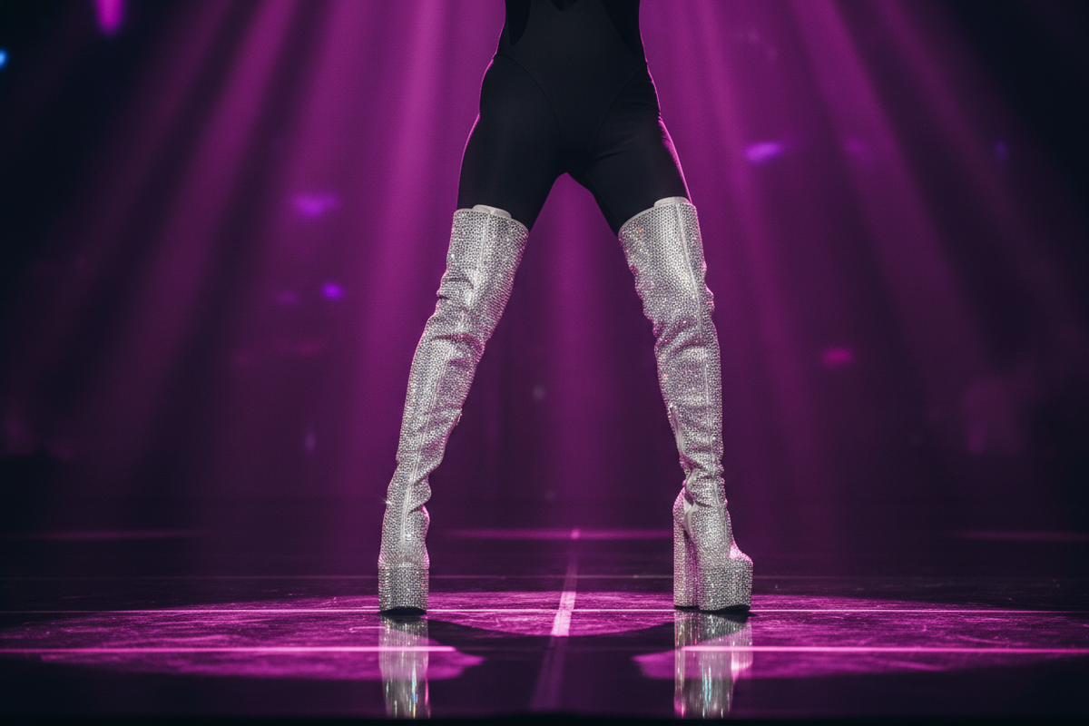 Sparkly Thigh-High Boots for Stage: Silver, Rhinestone & Platform Styles