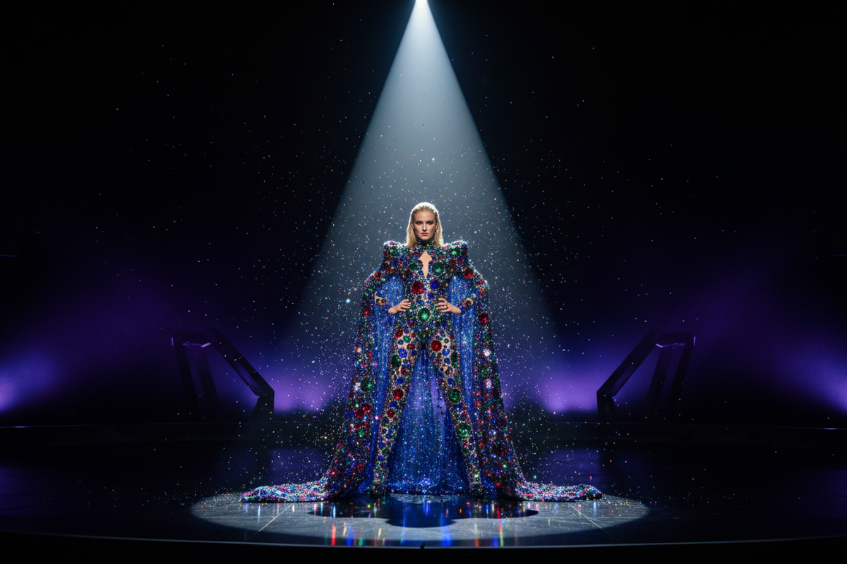 Performer in rhinestone stage costume shining under spotlight stage lighting