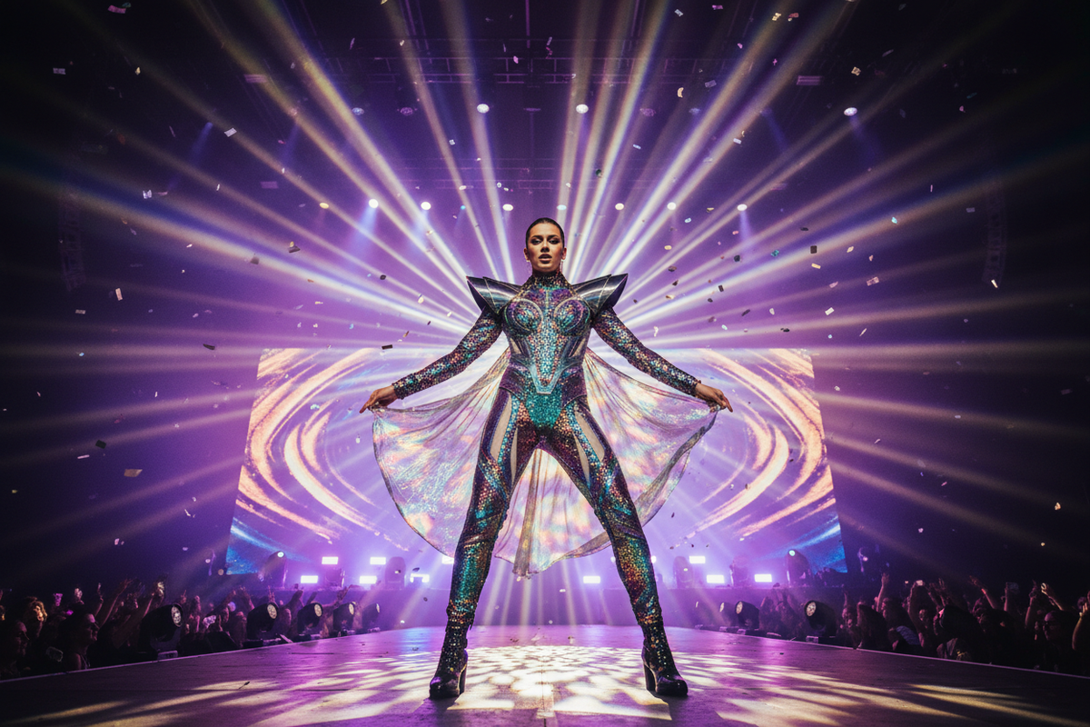 Best stage outfits for festival lighting — sequin bodysuits, metallic jumpsuits and rhinestone sets that shine under spotlights