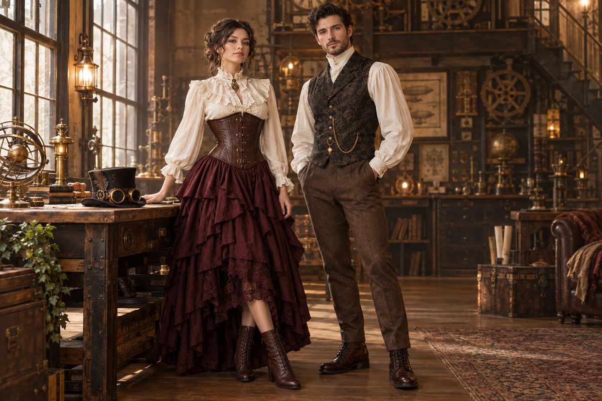 Woman in a brown corset and burgundy ruffled skirt beside a man in a brocade waistcoat and trousers, with goggles on a top hat.