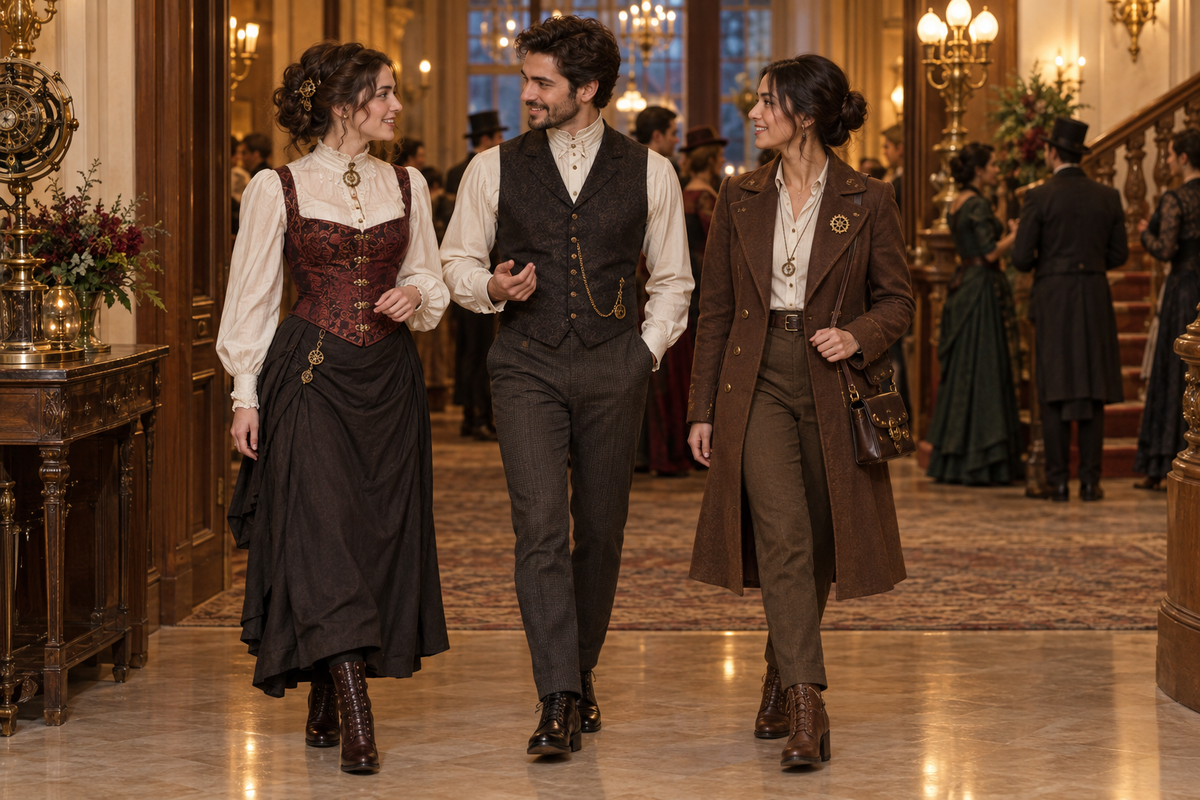 Three guests at a steampunk evening event wearing a burgundy bodice and skirt, a dark waistcoat, and a brown coat with trousers.