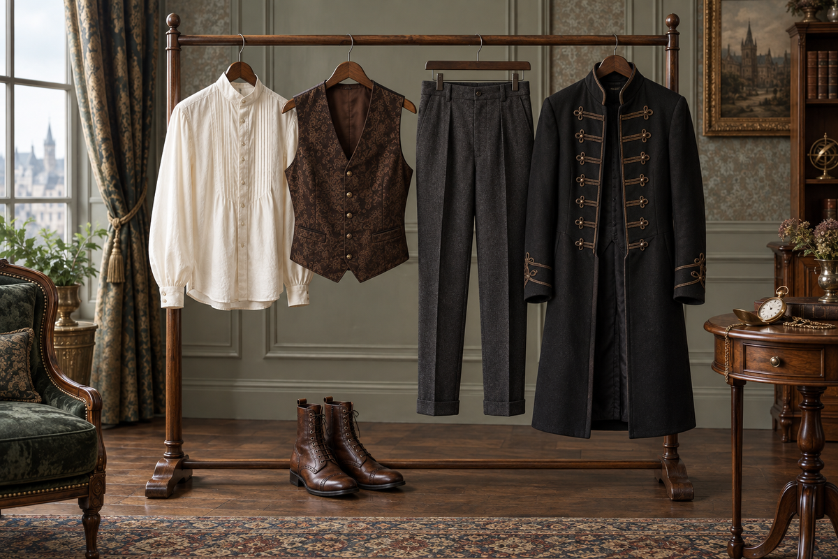 Men’s steampunk wardrobe with an ivory shirt, brown brocade waistcoat, charcoal trousers, black braided coat, brown boots, and a pocket watch.