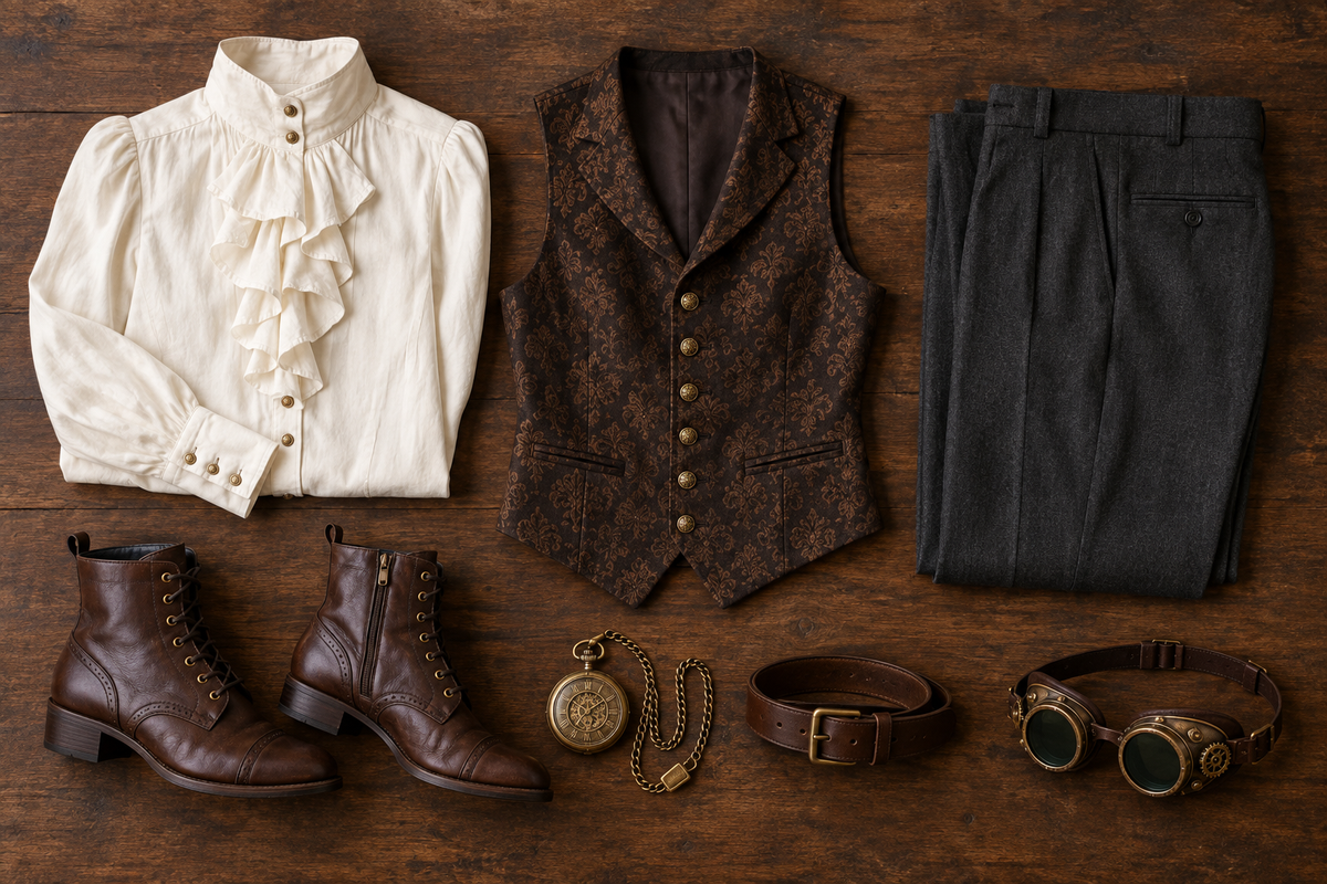 Steampunk outfit laid out on wood: ivory ruffled shirt, brown brocade waistcoat, charcoal trousers, lace-up boots, pocket watch, belt, and goggles.