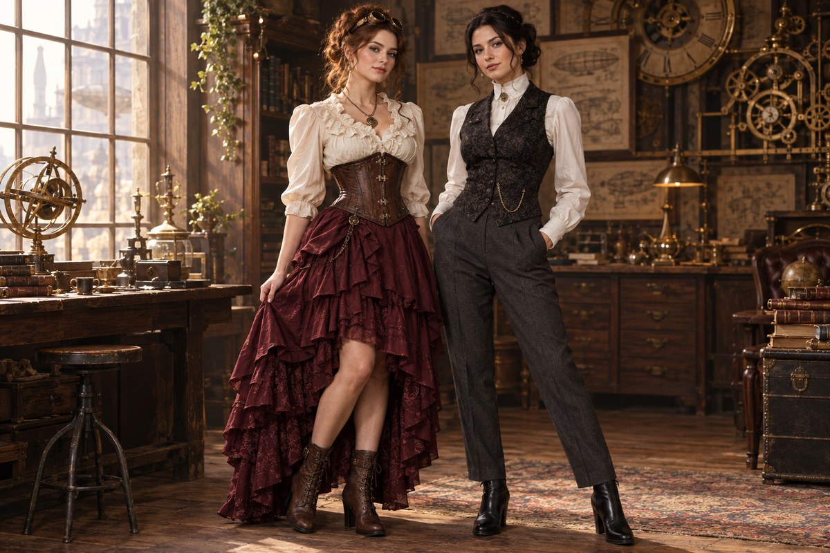 Two women in steampunk outfits: one in a brown corset and burgundy ruffled skirt, the other in a dark waistcoat and tailored trousers.