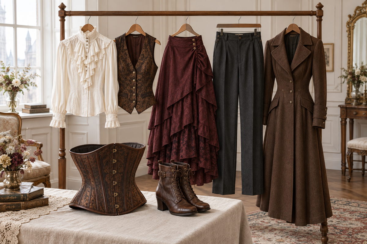 Women’s steampunk wardrobe with an ivory blouse, brocade waistcoat, burgundy skirt, charcoal trousers, brown coat, corset, and lace-up boots.