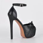 Ruched Peep-Toe Platform Stiletto Sandals — Ankle Strap Buckle Heel