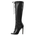 Knee-High Boots | Open Square Toe | Lace-Up Faux Leather
