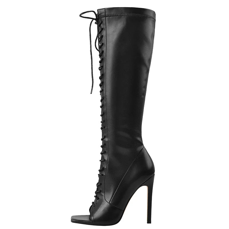 Knee-High Boots | Open Square Toe | Lace-Up Faux Leather