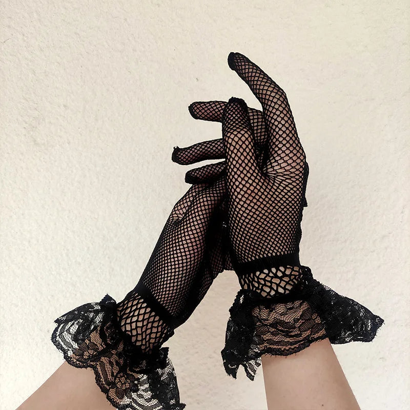 Fishnet Lace Ruffle Gloves | Full Finger | Black & White