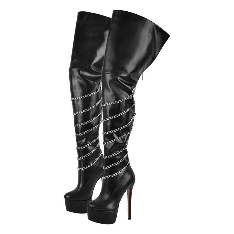 Chain-Detail Thigh-High Platform Boots | 15–16 cm Heel