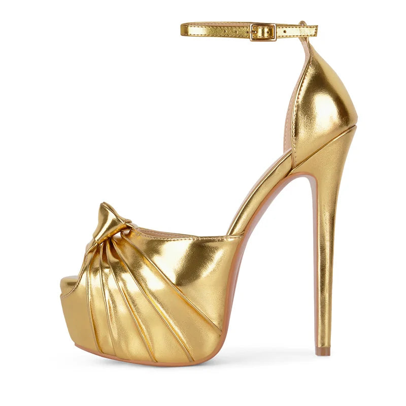 Ruched Peep-Toe Platform Stiletto Sandals — Ankle Strap Buckle Heel
