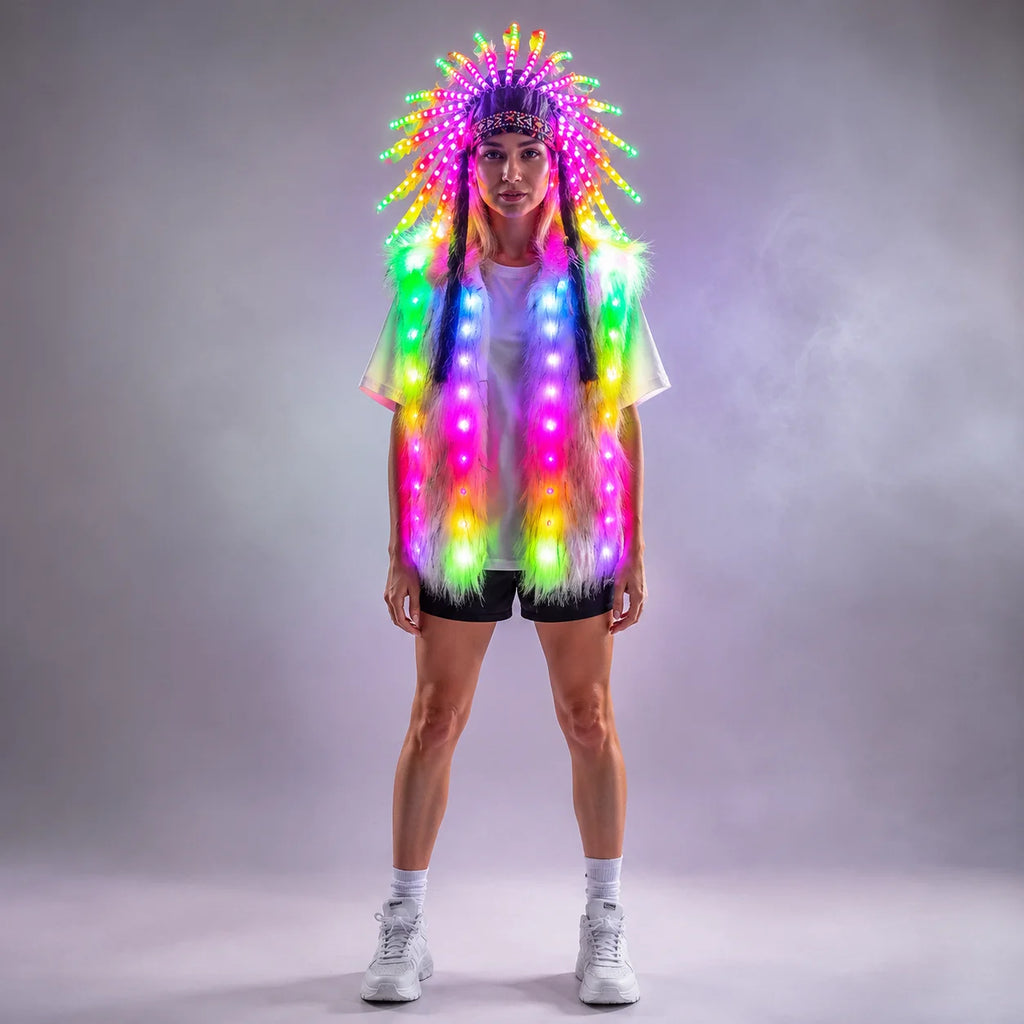 LED Fur Vest & Festival Feather Headdress | Full-Colour RGB | Rave Costume