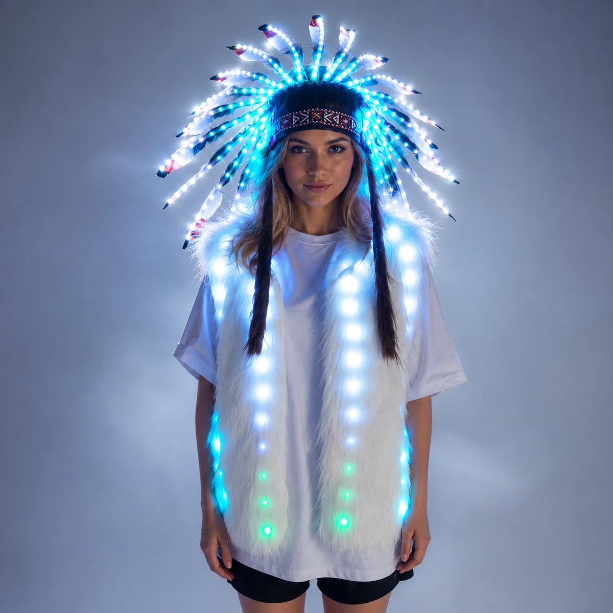 LED Fur Vest & Festival Feather Headdress | Full-Colour RGB | Rave Costume