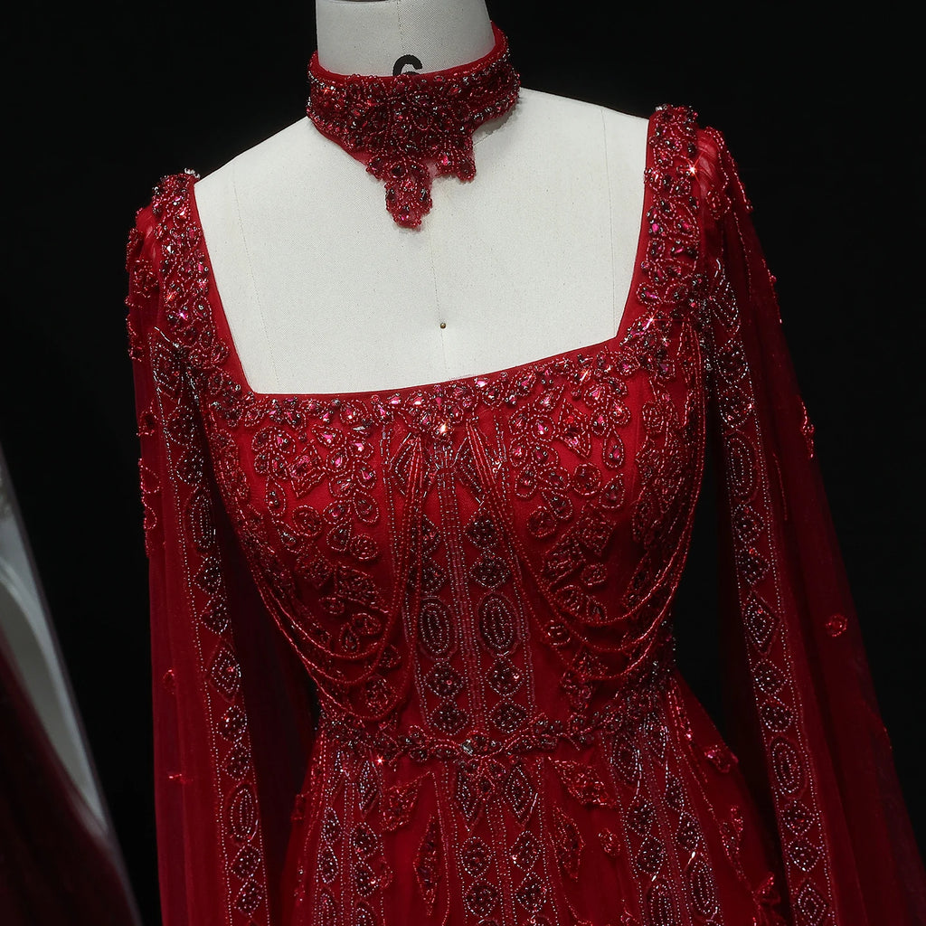 Crystal A-Line Gown | Cape Sleeves | Square Neck | Choker