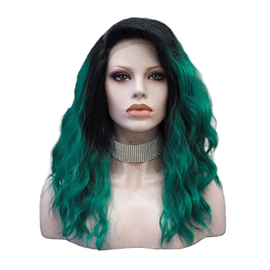 16" Green Natural Wavy Lace Front Wig – Dark Root