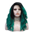 16" Green Natural Wavy Lace Front Wig – Dark Root