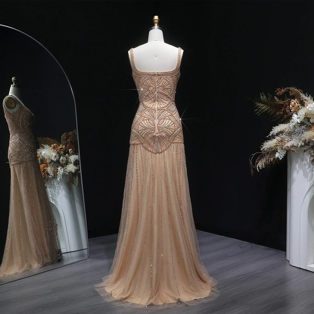 Champagne & Navy Beaded Mermaid Pageant Gown | V-Neck