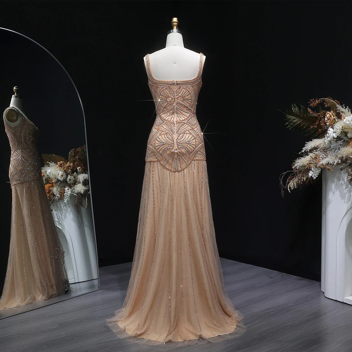 Champagne & Navy Beaded Mermaid Pageant Gown | V-Neck