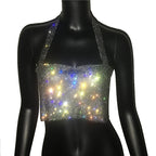Crystal Rhinestone Metal Chain Halter Crop Top - Backless Tank