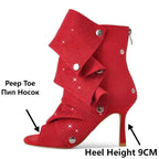 Rhinestone Peep Toe Ankle Boots | Slouched Stiletto | Red & Black