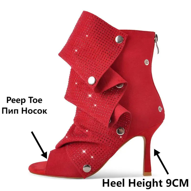 Rhinestone Peep Toe Ankle Boots | Slouched Stiletto | Red & Black