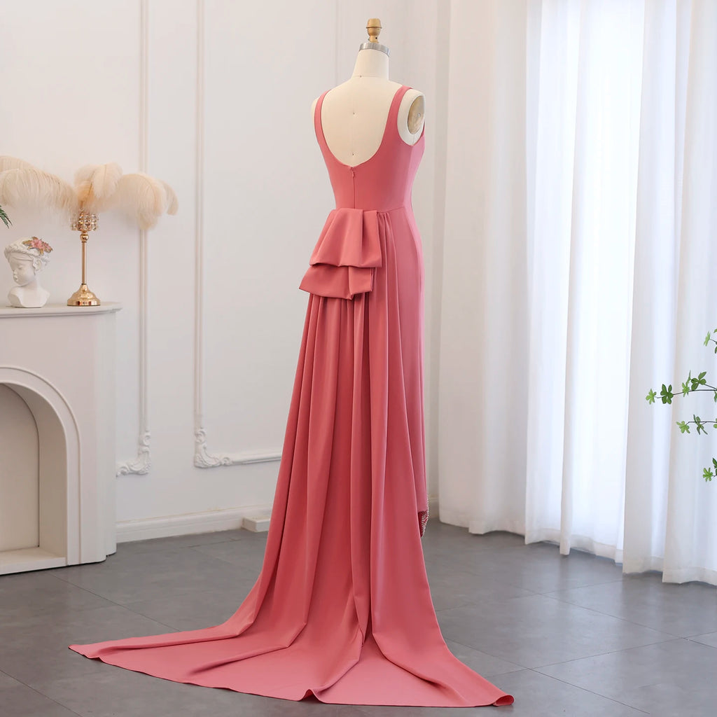 Scalloped Beaded Evening Gown | O-Neck | Coral Pink & Lilac