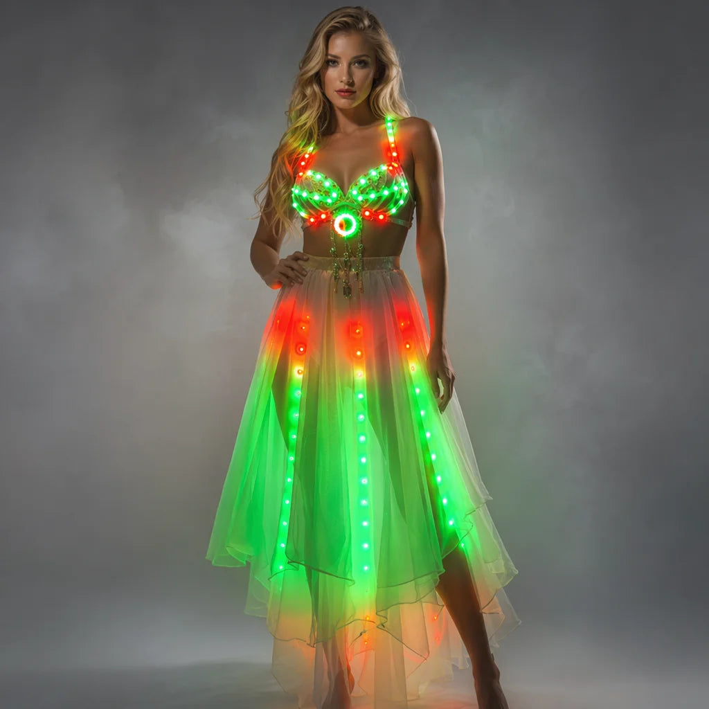 LED RGB Light-Up Belly Dance Set | Bra & Ruffle Skirt | Rave & Stage Performance
