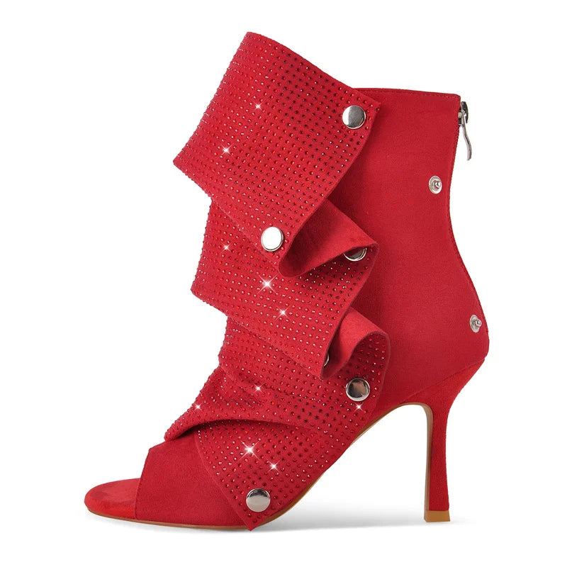 Rhinestone Peep Toe Ankle Boots | Slouched Stiletto | Red & Black