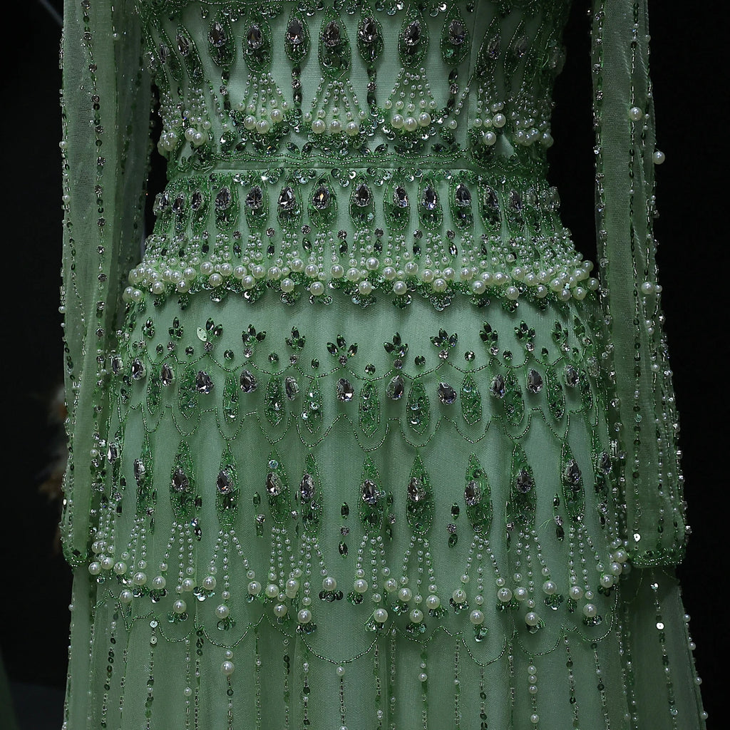 Crystal Pearl Gown | Off-Shoulder Long Sleeve | Green & Lilac