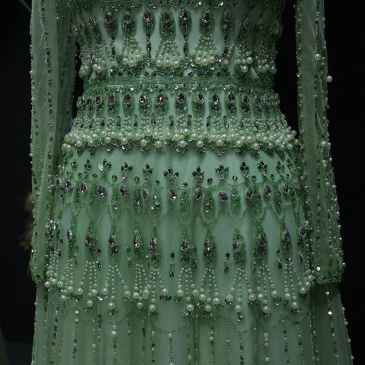 Crystal Pearl Gown | Off-Shoulder Long Sleeve | Green & Lilac
