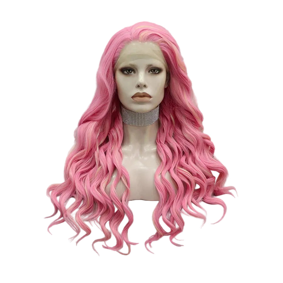 24" Pink Wavy Lace Front Wig – Blonde Highlights