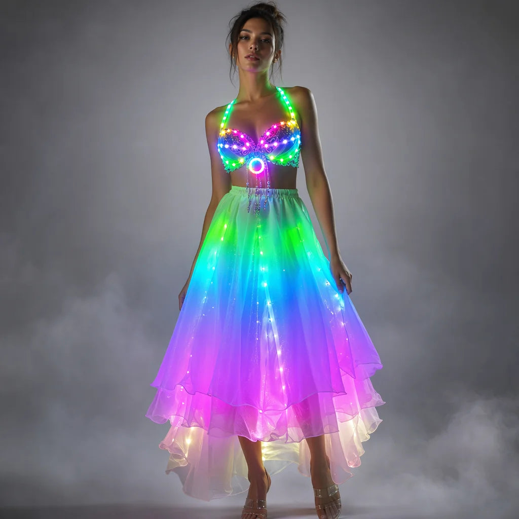 LED RGB Light-Up Belly Dance Set | Bra & Ruffle Skirt | Rave & Stage Performance