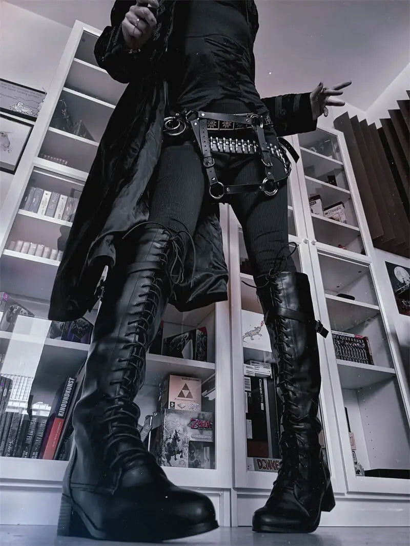 Lace-Up Knee-High Boot | Side Zip | Matte Black