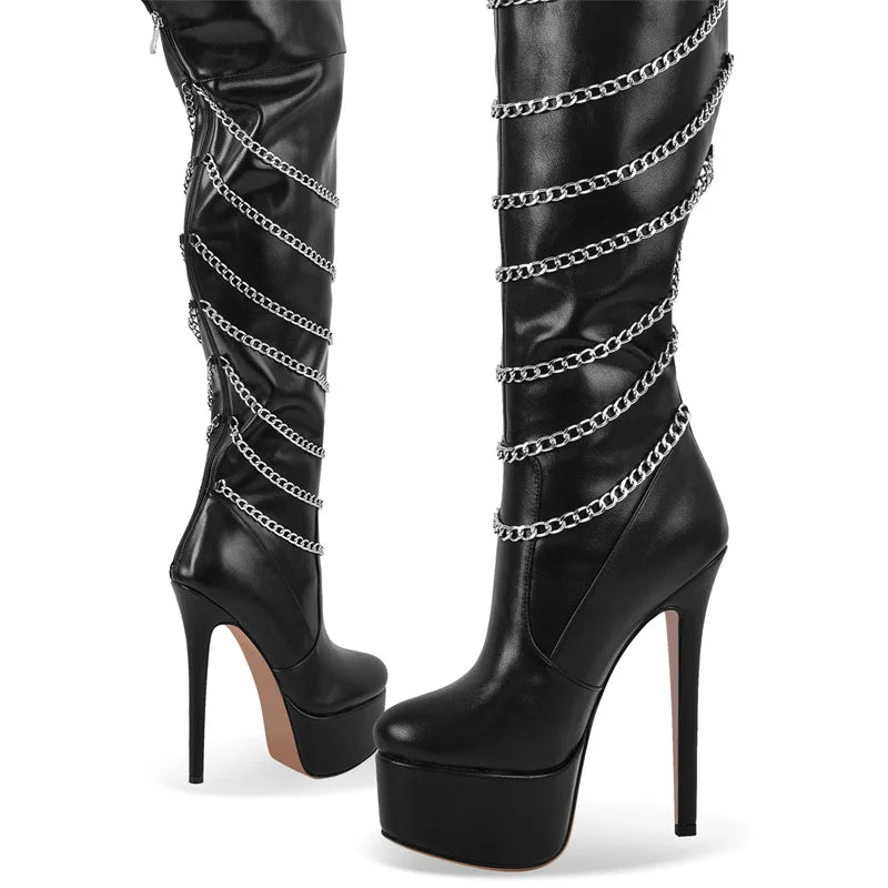 Chain-Detail Thigh-High Platform Boots | 15–16 cm Heel