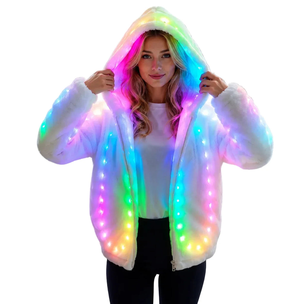 LED Hooded Faux Fur Coat | Remote-Control RGB Light-Up Jacket | Festival & Stage